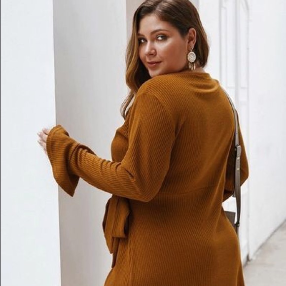 1X-2X-3X: Button Front Ribbed Wrap Dress - Picture 5 of 8